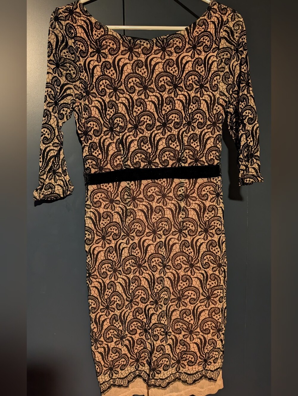Next Black Lace-Overlay Blush Sheath Dress with Waist Detail
